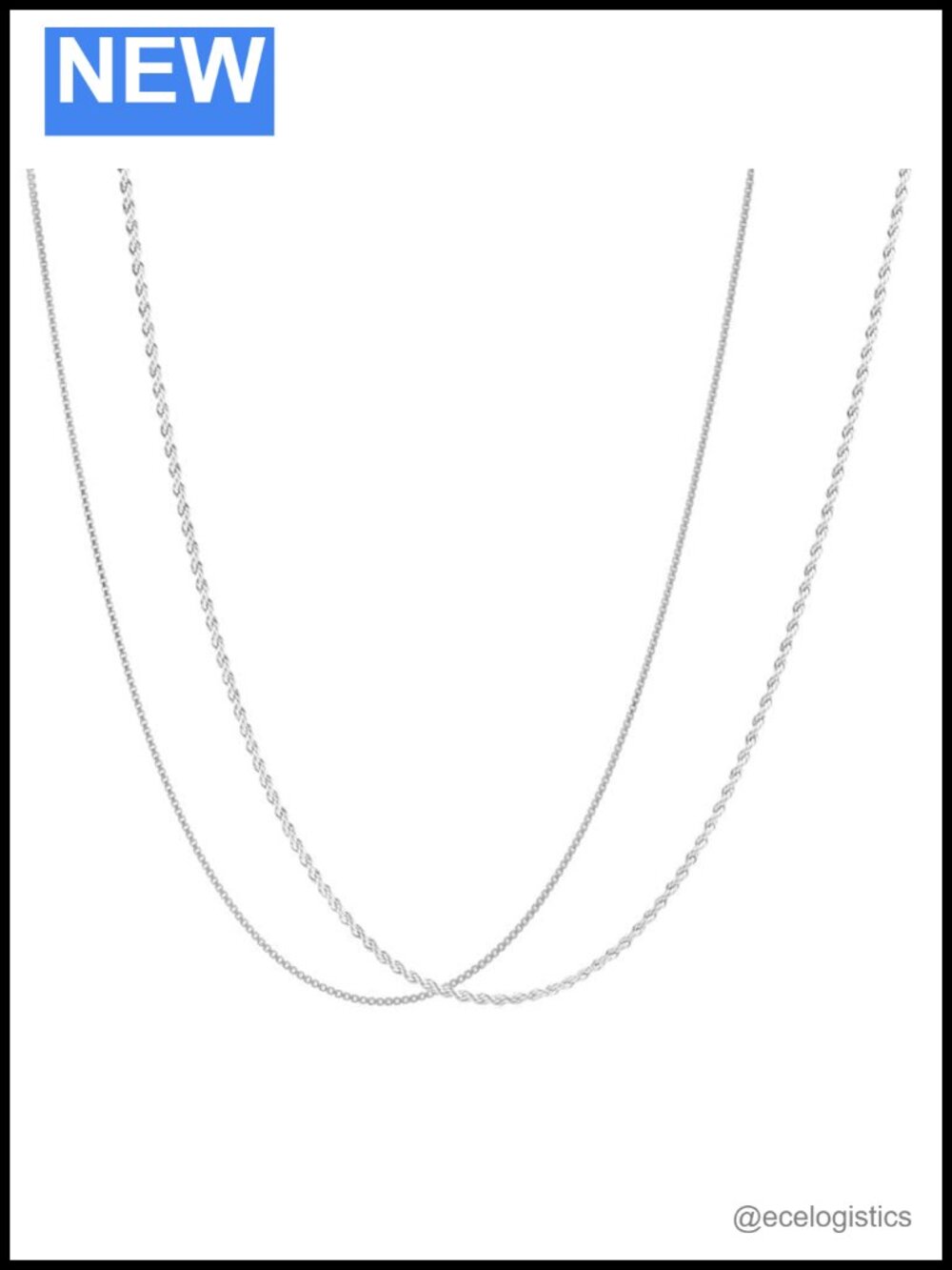 24k White Gold Plated Box & Rope Chain Necklace Set - Thin Dainty 30"
